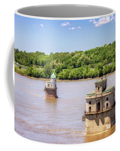 Water Intake Towers Coffee Mug featuring the photograph St Louis Water Intake Towers from the Old Chain of Rocks Bridge by Susan Rissi Tregoning