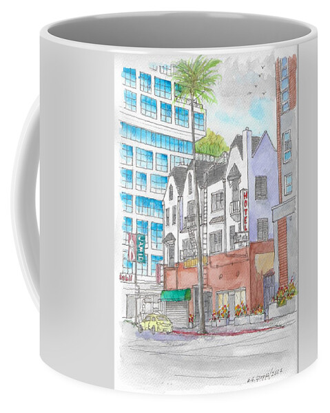 St. Mauritz Hoel Coffee Mug featuring the painting St. Moritz Hotel in Sunset Blvd., Hollywood, California, by Carlos G Groppa