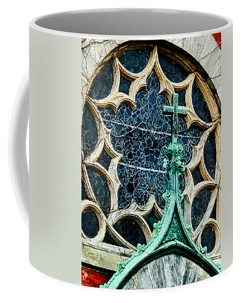  Coffee Mug featuring the photograph Stain glass with Cross by Stephen Dorton