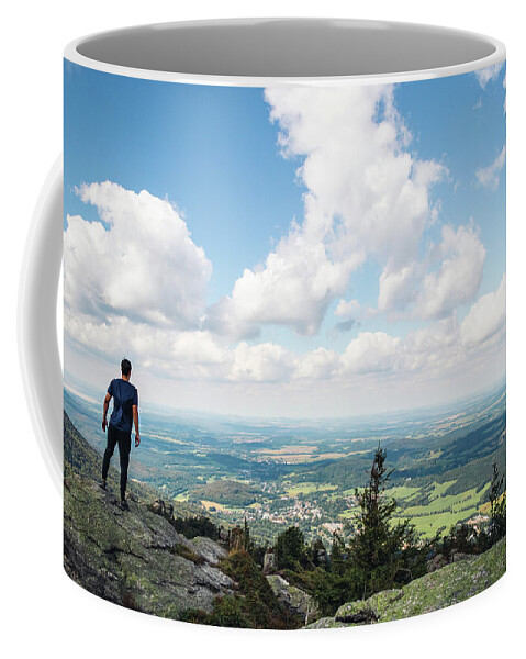 Outdoor Coffee Mug featuring the photograph Standing on a rock in Jizera mountains by Vaclav Sonnek