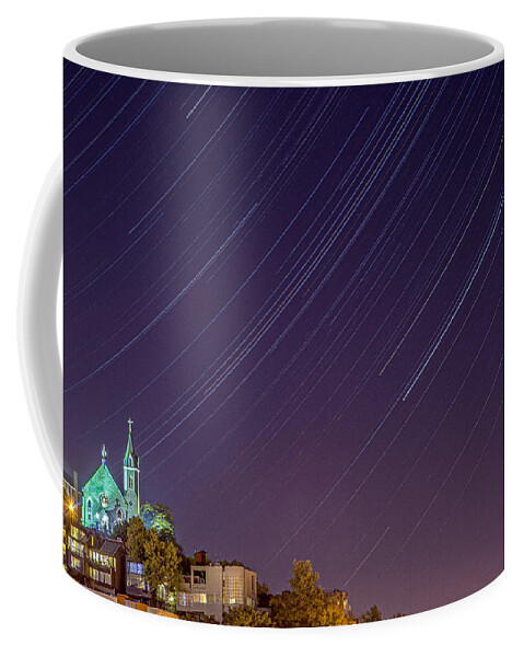 Star Trails Coffee Mug featuring the photograph Star Trails Over Mt. Adams Holy Cross Immaculata Church Cincinnati Ohio by Dave Morgan