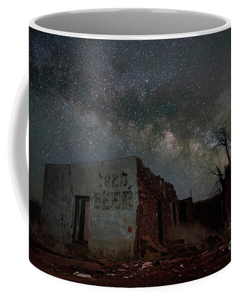 Milky Way; Star Trails; Astrophotography; Spirituality; Built Structure; City; Architecture; Outdoors; Landmark; Historical Landmark; Tranquil Scene; Past; History; Travel Destinations; Old Ruin; Usa; Bar; Ancient; Stone; Night; Color Image; Abandoned; Old Building; Ruins; Ruin; Night Photography; Cantina; New Mexico Coffee Mug featuring the photograph Starlight Cantina by Keith Kapple