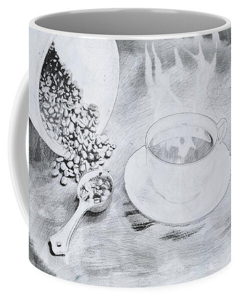 Coffee Coffee Mug featuring the drawing Steaming cup of black coffee in black and white by Karen Foley