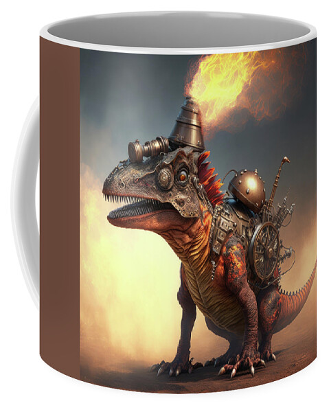 Generative Coffee Mug featuring the photograph Steampunk stegosaur dinosaur with erupting volcano, generative Ai #aYearForArt by Steve Estvanik