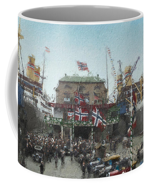 Bergen Coffee Mug featuring the digital art Steamships at docks by Geir Rosset