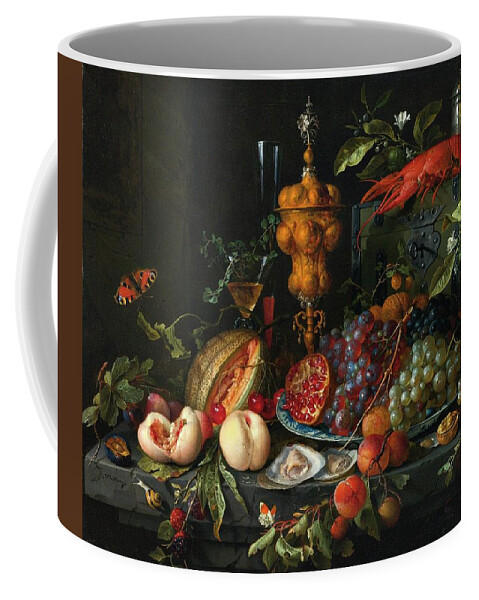 Still Life Coffee Mug featuring the painting Still life of fruits, nuts, oysters, a lobster, insects and a snail on a ledge with various vessels by Lagra Art