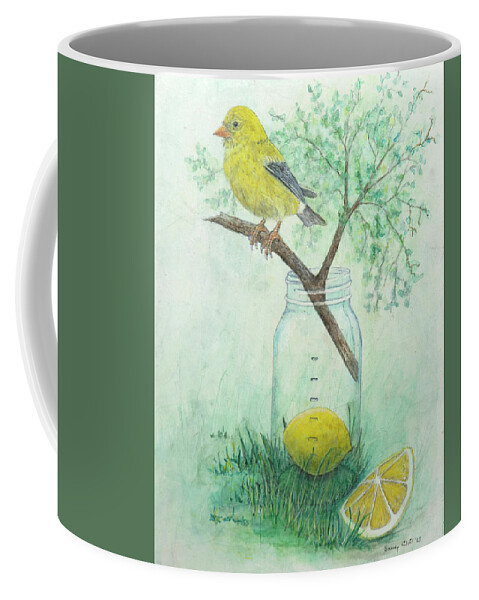  Goldfinch Coffee Mug featuring the mixed media Still Life with Goldfinch by Sandy Clift