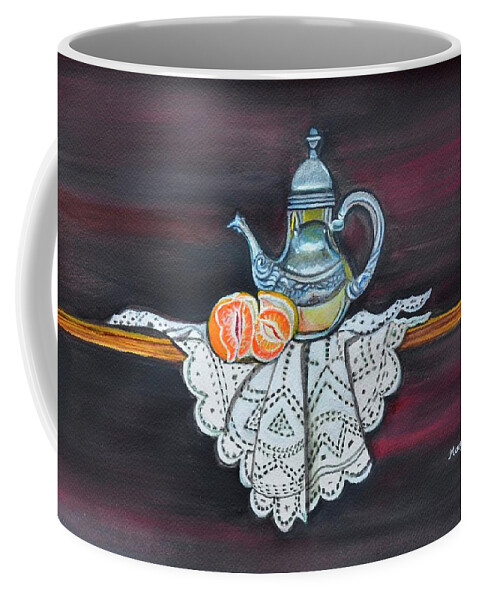 Oranges Coffee Mug featuring the painting Still life with orange and teapot on lace by Manjiri Kanvinde