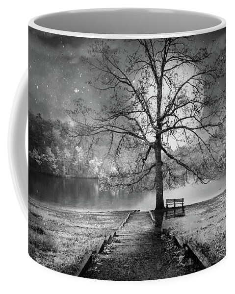 Benton Coffee Mug featuring the photograph Still Waiting at the Lake Black and White by Debra and Dave Vanderlaan