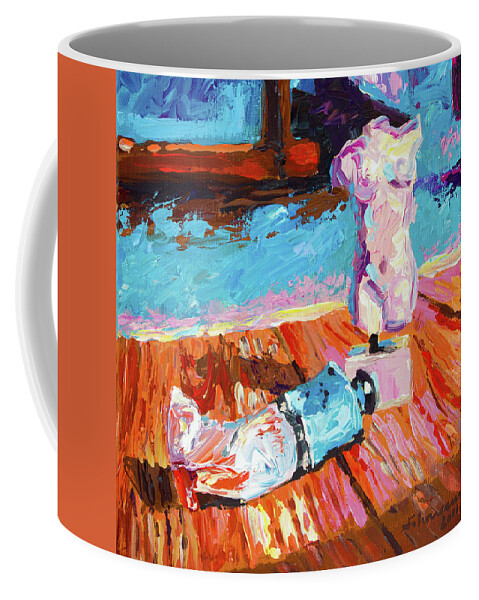 Stillleben Coffee Mug featuring the painting Stillleben mit Oeltube by Uwe Fehrmann