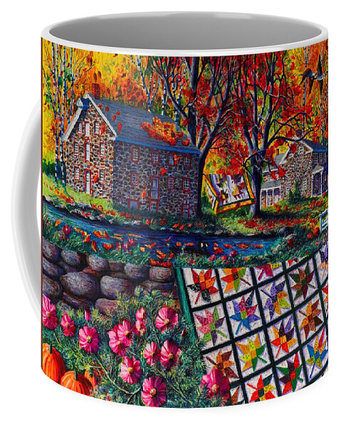 Landscape Of Stone Mill Autumn Crossing Coffee Mug featuring the painting Stone Mill Autumn Crossing by Diane Phalen