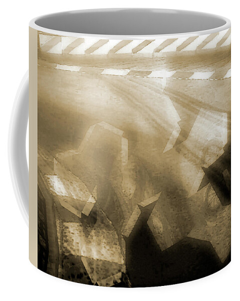 Graphic Coffee Mug featuring the mixed media Stood a man on the corner. by Luc Van de Steeg