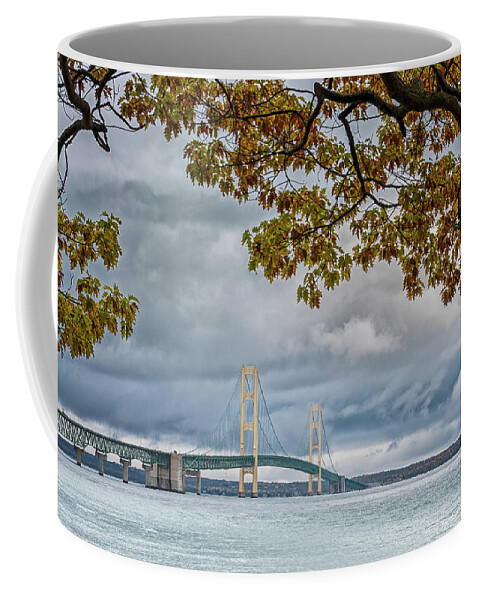 Autumn Coffee Mug featuring the photograph Storm Brewing at the Bridge by Peg Runyan