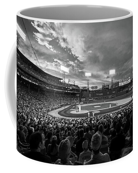 Boston Coffee Mug featuring the photograph Storm clouds over Fenway Park Boston MA Black and White by Toby McGuire