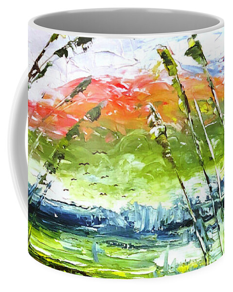 Wave Painting Coffee Mug featuring the painting Waves and Sea Oats -- Abstract Oil Painting by Catherine Ludwig Donleycott
