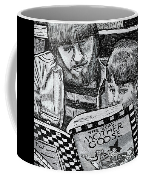 Young Father Coffee Mug featuring the drawing Story Time by Rod Whyte