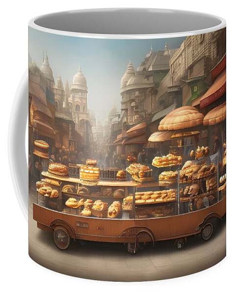 Digital Bread Pastry Cart Vendor Coffee Mug featuring the digital art Street Pastry Cart by Beverly Read