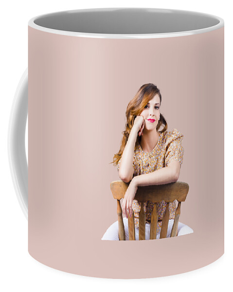 Hairstyles Coffee Mug featuring the photograph Stylish girl at rest on antique chair by Jorgo Photography