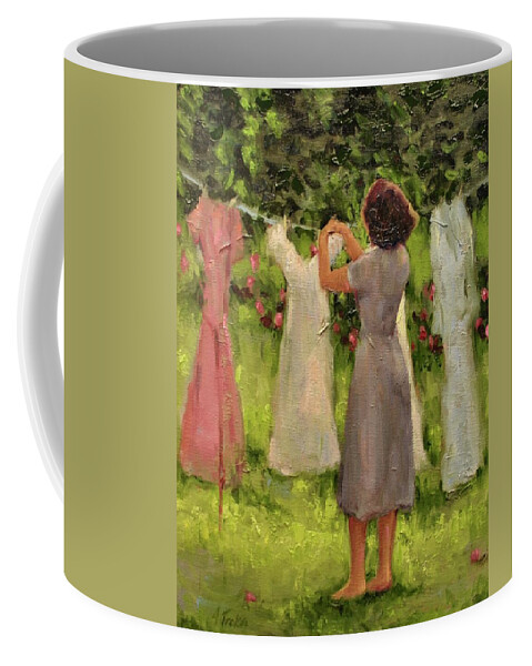 Women Hanging Clothes Coffee Mug featuring the painting Summer Breeze by Ashlee Trcka