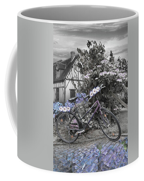 Austria Coffee Mug featuring the photograph Summer Cycling in Flowers Black and White and Blues by Debra and Dave Vanderlaan