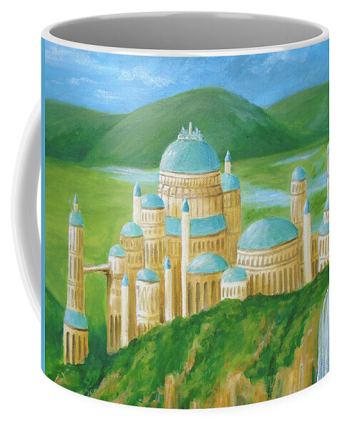 Fantasy Coffee Mug featuring the painting Fairy Castle on the Hill Painting, Sunny Dreamland Fantasy Art by Aneta Soukalova