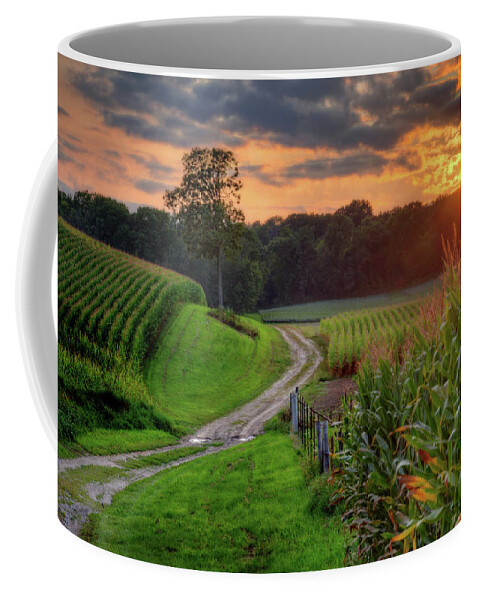 Corn Sunset Path Tree Country Scenic Landscape Clouds Rural Agriculture Wisconsin Countryside Trees Golden Green Coffee Mug featuring the photograph Summer Serenity by Peter Herman