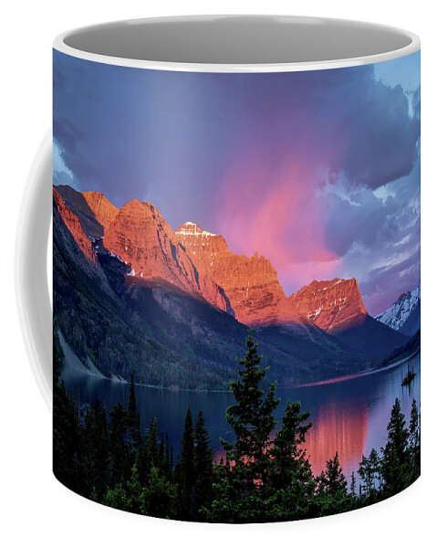 Dawn Coffee Mug featuring the photograph Sun Greets the Mountains at St. Mary Lake by Jack Bell
