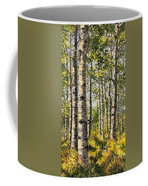 Birch Coffee Mug featuring the pastel Sun in the Woods by Lee Tisch Bialczak