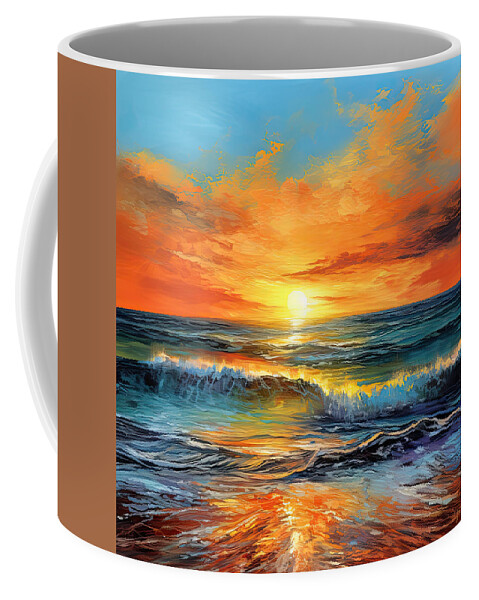 Turquoise Coffee Mug featuring the painting Sun On A Turquoise Sea - Turquoise and Yellow Art by Lourry Legarde