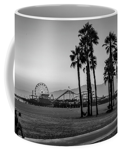 Santa Monica Pier Coffee Mug featuring the photograph Sundown At The Pier - Black And White by Gene Parks