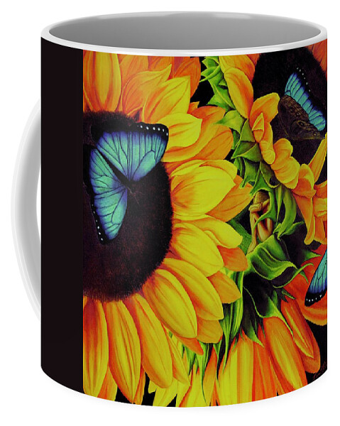 Kim Mcclinton Coffee Mug featuring the painting Blue Morpho Sunflower Dream by Kim McClinton