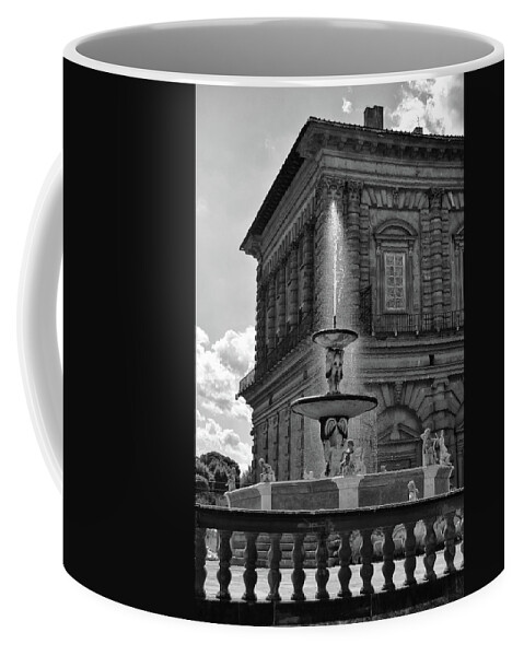 Pitti Palace Coffee Mug featuring the photograph Sunlit Pitti Palace Fountain Black and White by Shawn O'Brien