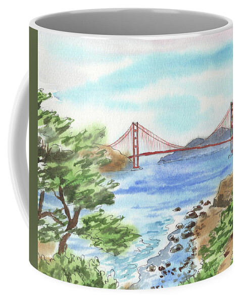 Golden Gate Coffee Mug featuring the painting Sunny Day In San Francisco Bay Golden Gate Bridge Watercolor by Irina Sztukowski