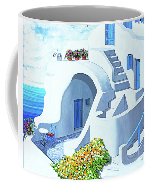 Santorini Coffee Mug featuring the painting Sunny Santorini-prints of Oil Painting by Mary Grden
