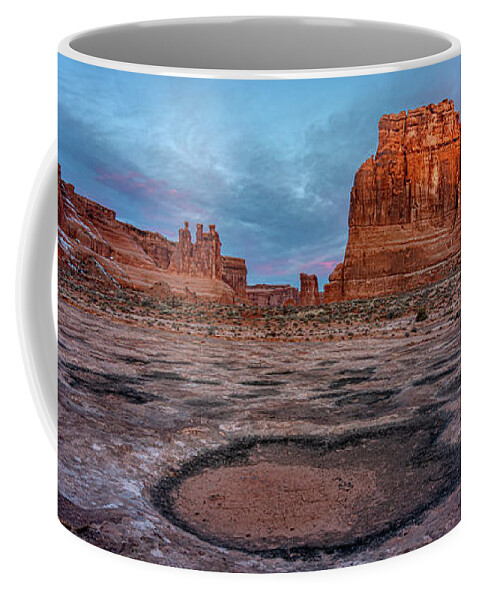 Arches Coffee Mug featuring the photograph Sunrise at Courthouse Towers by Kenneth Everett