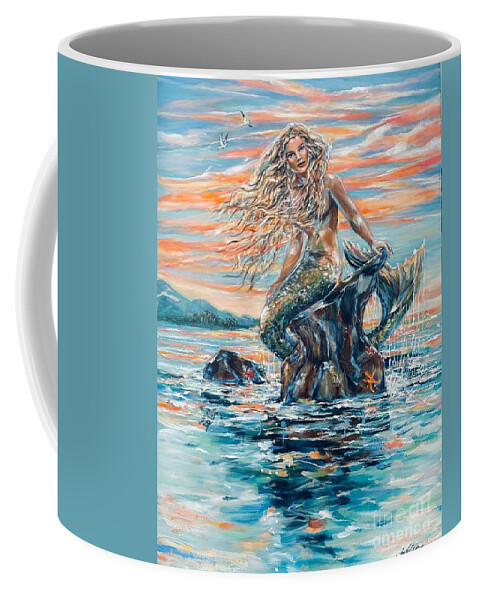 Mermaid Coffee Mug featuring the painting Sunrise Mermaid by Linda Olsen