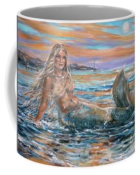 Mermaids Coffee Mug featuring the painting Sunrise on the Bay by Linda Olsen