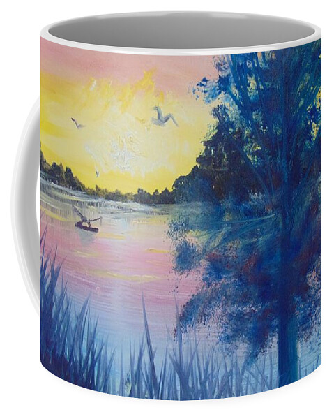 Fisherman Coffee Mug featuring the painting Sunrise on the Lake by Saundra Johnson