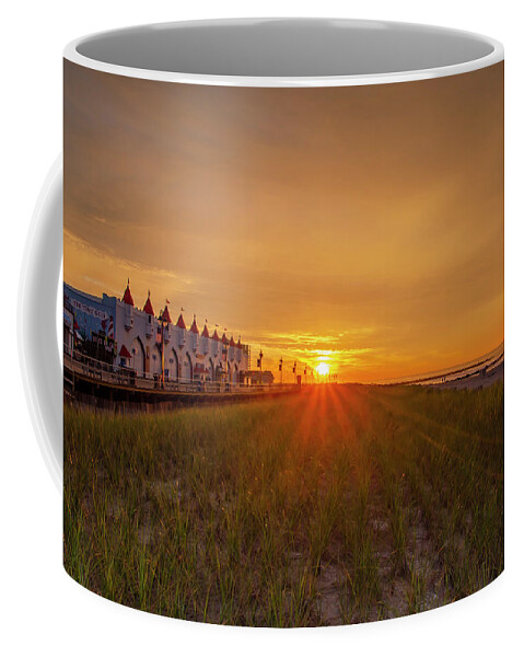 Sunrise Coffee Mug featuring the photograph Sunrise - The Boardwalk and Beach at Ocean City New Jersey by Bill Cannon