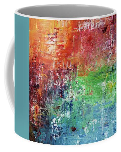 Colorful Abstract Painting Coffee Mug featuring the painting SUNSET BY THE POND Abstract In Primary Colors Red Blue Green Orange Yellow by Lynnie Lang