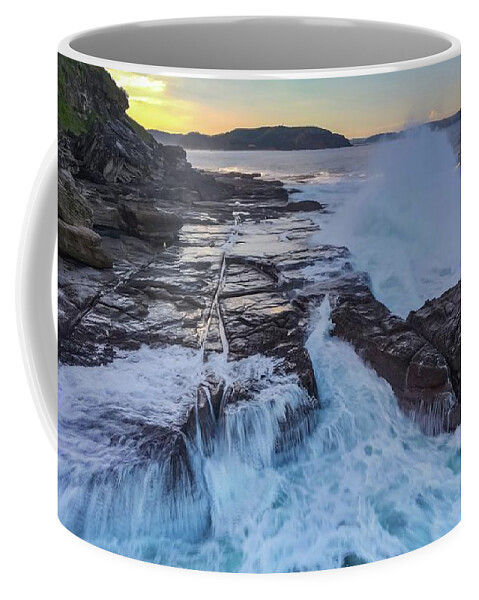 Beach; Sea; Blue; Beautiful; Nature Background; Seascape; Water; Landscape; Rocks; Cliffs; Rock Pool; Tourism; Travel; Summer; Holidays; Sea; Surf; Palm Beach Coffee Mug featuring the photograph Sunset Near Palm Beach No 5 by Andre Petrov
