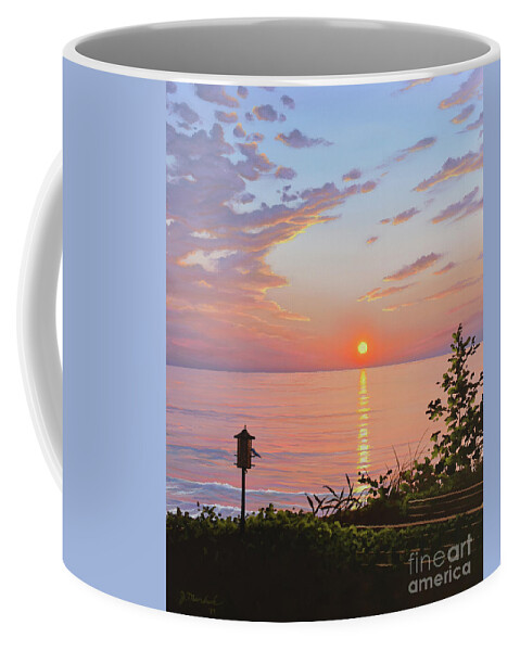 Michigan Coffee Mug featuring the painting Sunset on the Lake by Joe Mandrick