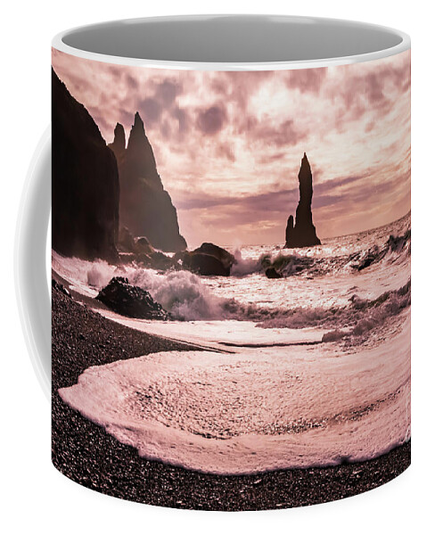 Reynisfjara Coffee Mug featuring the photograph Sunset on the Reynisfjara black sand beach, Iceland by Lyl Dil Creations