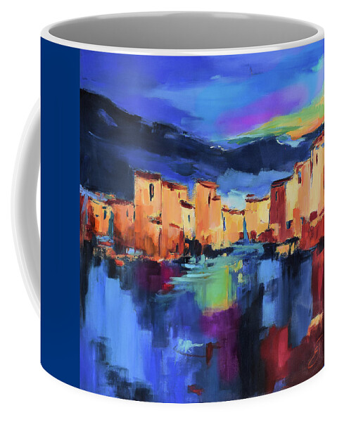 Cinque Terre Coffee Mug featuring the painting Sunset Over the Village by Elise Palmigiani