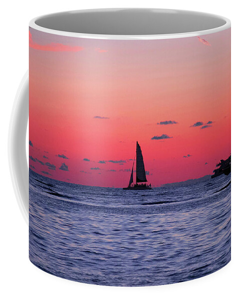 Beach Coffee Mug featuring the digital art Sunset Sailing by Linda Ritlinger