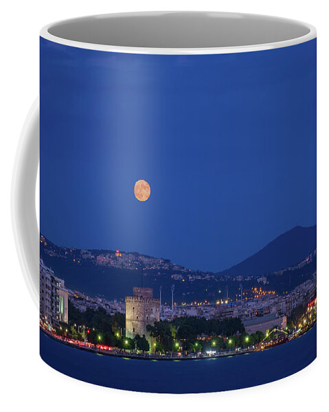 Thessaloniki Coffee Mug featuring the photograph Supermoon over the White Tower of Thessaloniki by Alexios Ntounas