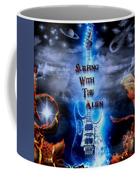 Surfing With The Alien Coffee Mug featuring the digital art Surfing With The Alien by Michael Damiani