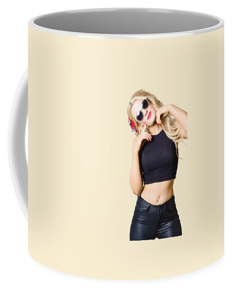 Girl Coffee Mug featuring the photograph Surprised pinup woman isolated on studio backgrond by Jorgo Photography