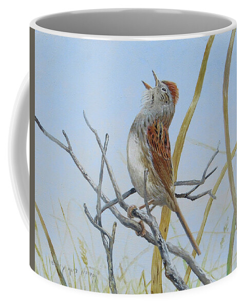 Swamp Sparrow Coffee Mug featuring the painting Swamp Sparrow Singing by Barry MacKay
