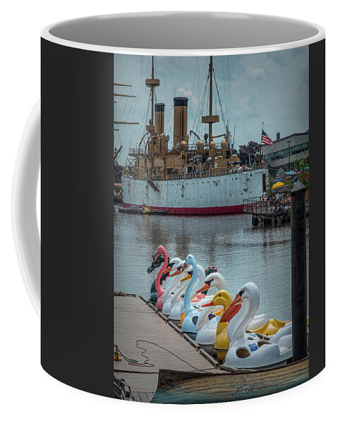 Philadelphia Coffee Mug featuring the photograph Swan Boats and The Olympia at Penns Landing by Kristia Adams